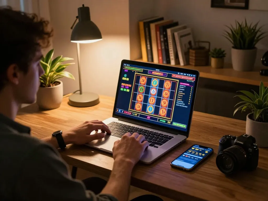 Engaging in ดูหนังออนไลน์ฟรี through a vibrant online slots game on laptop while using smartphone betting app