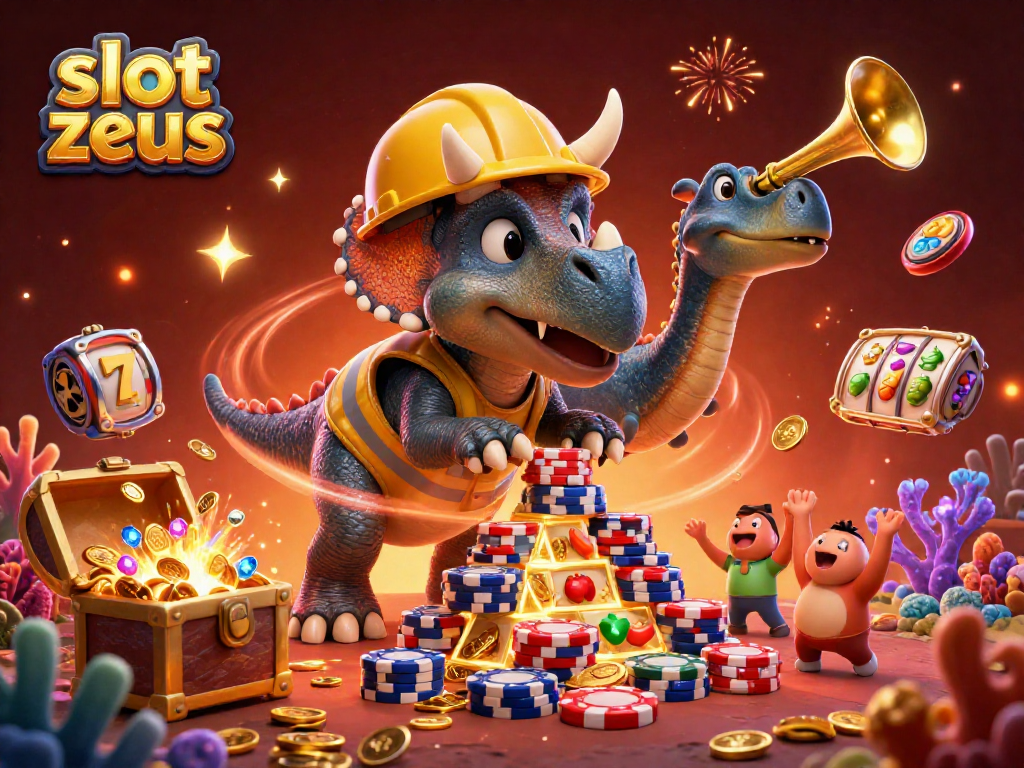 Experience jackpot excitement with slot zeus as animated triceratops and vibrant casino elements celebrate in 3D