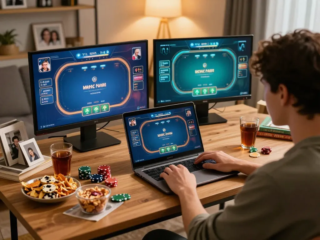 KONG88 online poker player strategizing from a cozy living room setting with focused screens.
