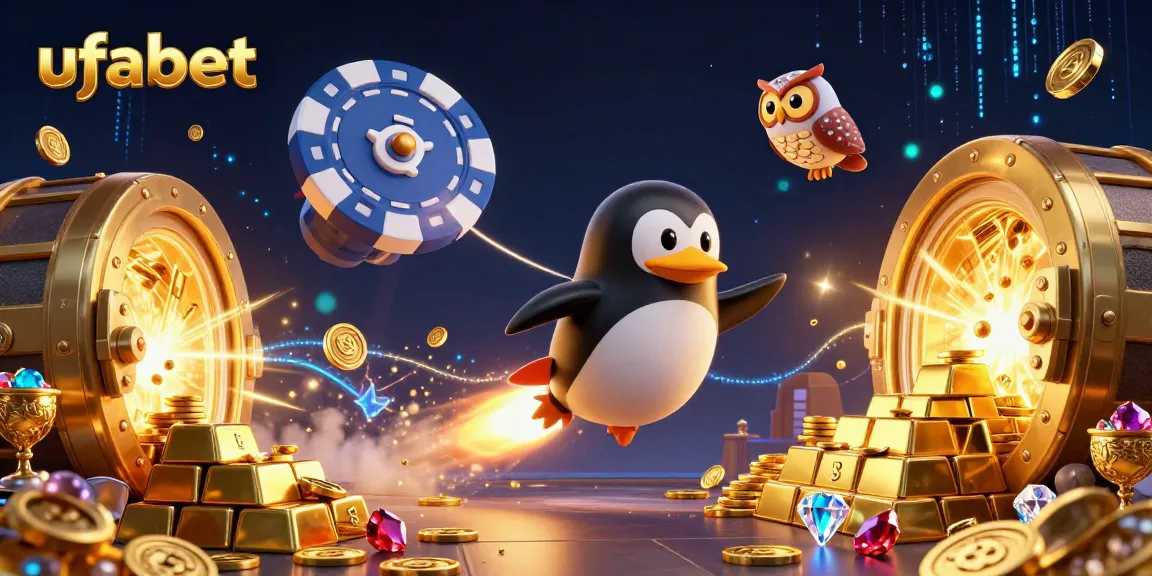 Experience thrilling ufabet gameplay with a golden penguin and treasures in a dynamic casino-themed illustration.