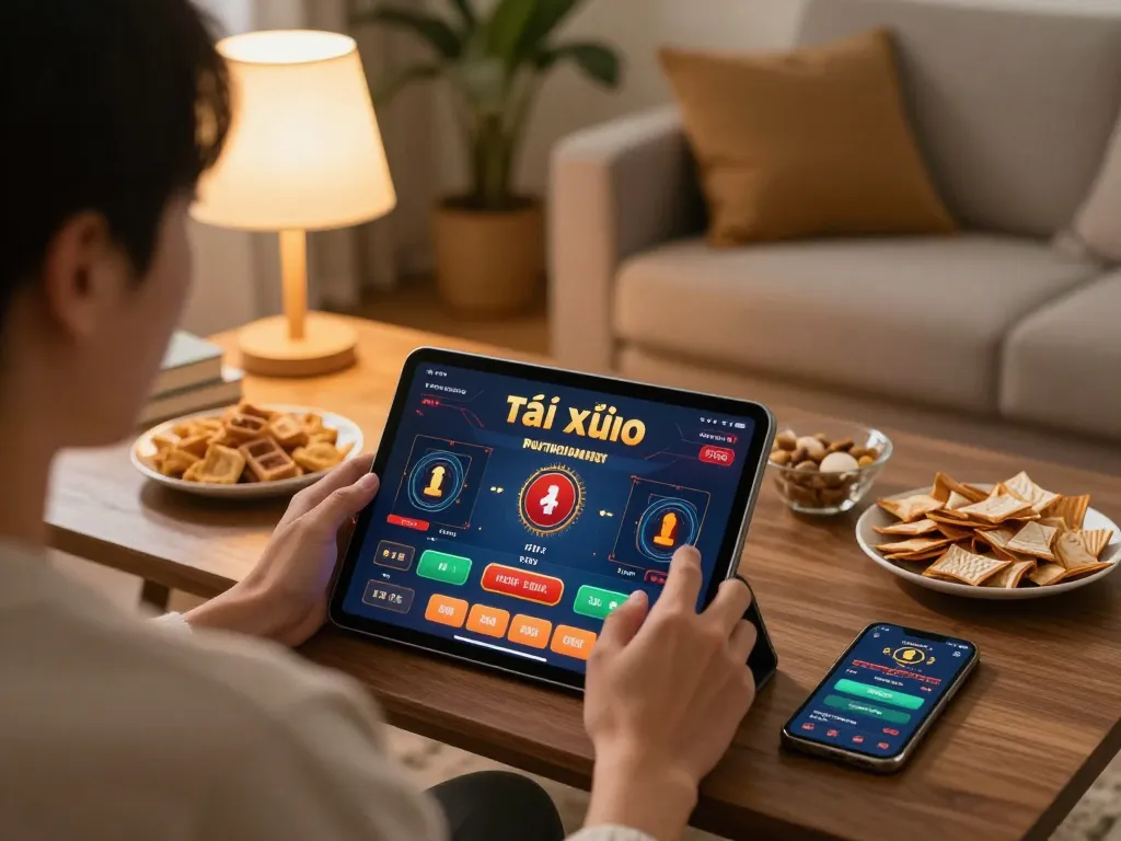 Playing tài xỉu online on a tablet in a cozy home setup with snacks and casino notifications visible.
