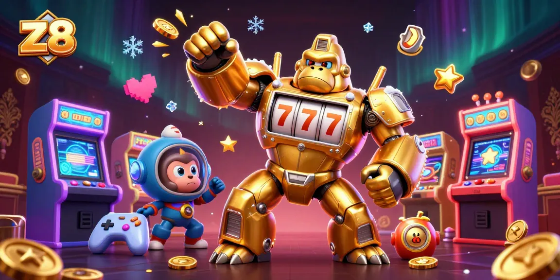 เกมสล็อต z8 ที่มีหุ่นยนต์กอริลล่าสูงตระหง่านอยู่ท่ามกลางความสนุกจากตู้เกมและเหรียญทอง