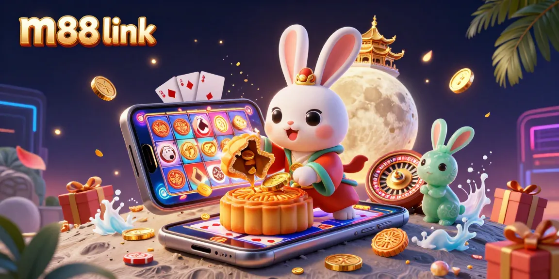 Bet on m88 link with a vibrant scene featuring a moon rabbit, poker chips, and slot games.