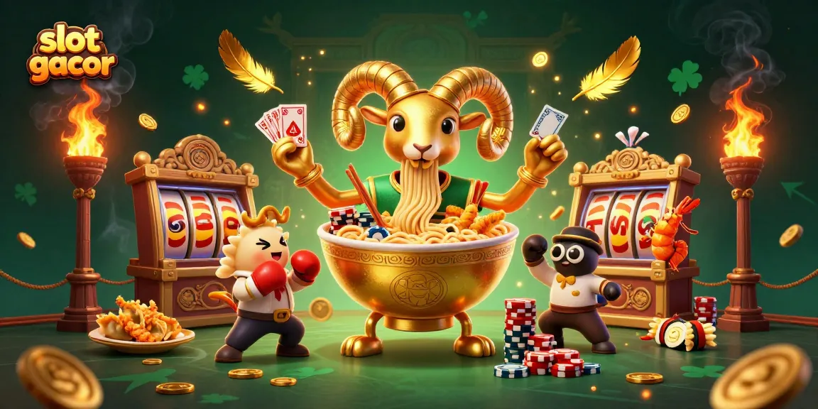 Visualisasi slot gacor dengan karakter ramen raksasa yang menumpuk chip, memberikan kesan menyenangkan bagi pemain.