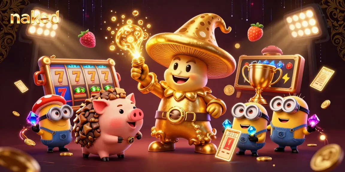 Engage with the naked charm of the magical mushroom world in this vibrant casino illustration full of treasure.