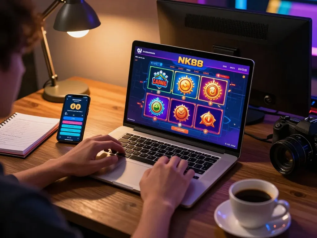 Engaging with NK88 chính thức online casino game interface on a laptop, showcasing vibrant gameplay and strategic notes.