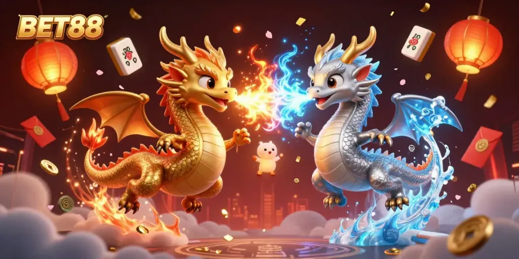 Engage in thrilling experiences with BET88 featuring dynamic dragons and vibrant 3D casino elements.