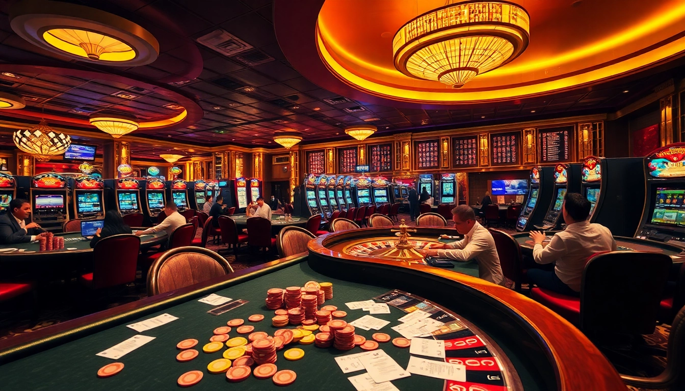 Players enjoying a thrilling moment at the sunwin casino with vibrant slot machines and poker tables.