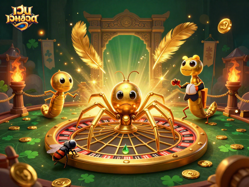 Experience the thrill of เว็บสล็อต with a golden spider and centipede croupier in an engaging casino scene.