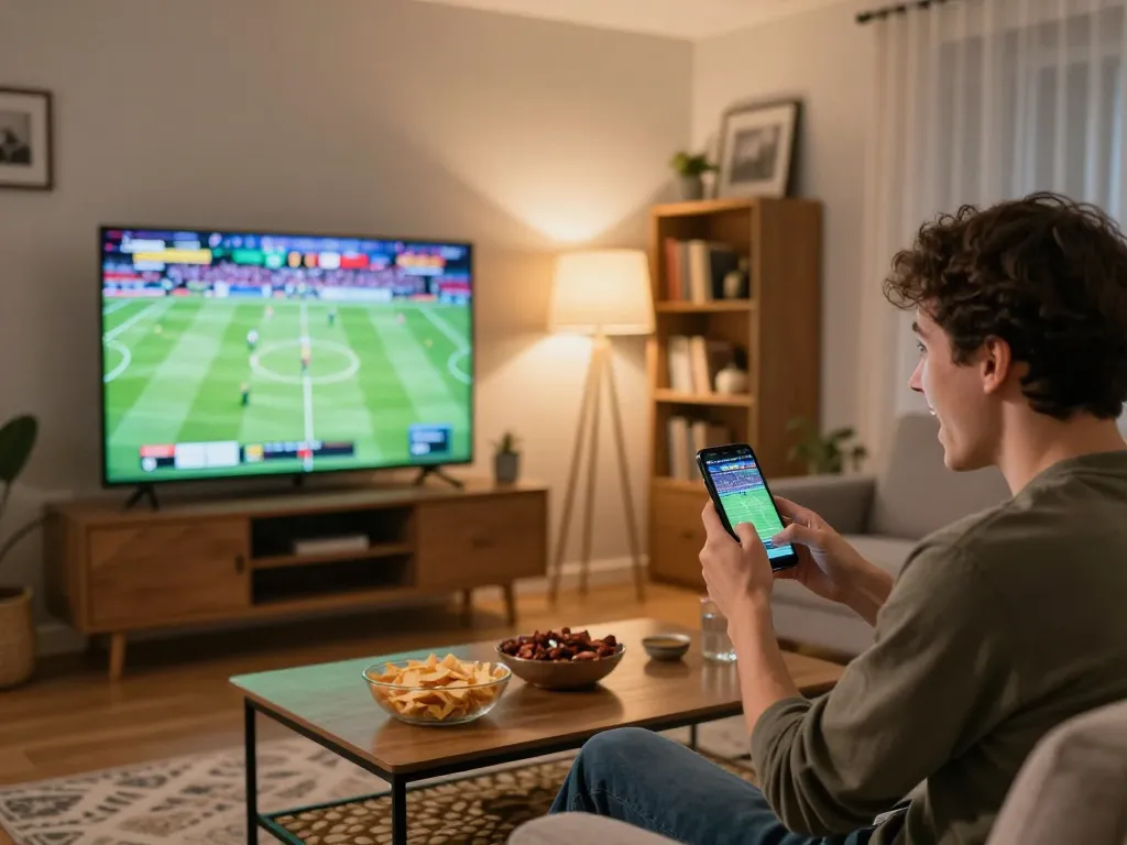 Engaged user placing bets on sports using digitalgamesprices while watching a live game at home