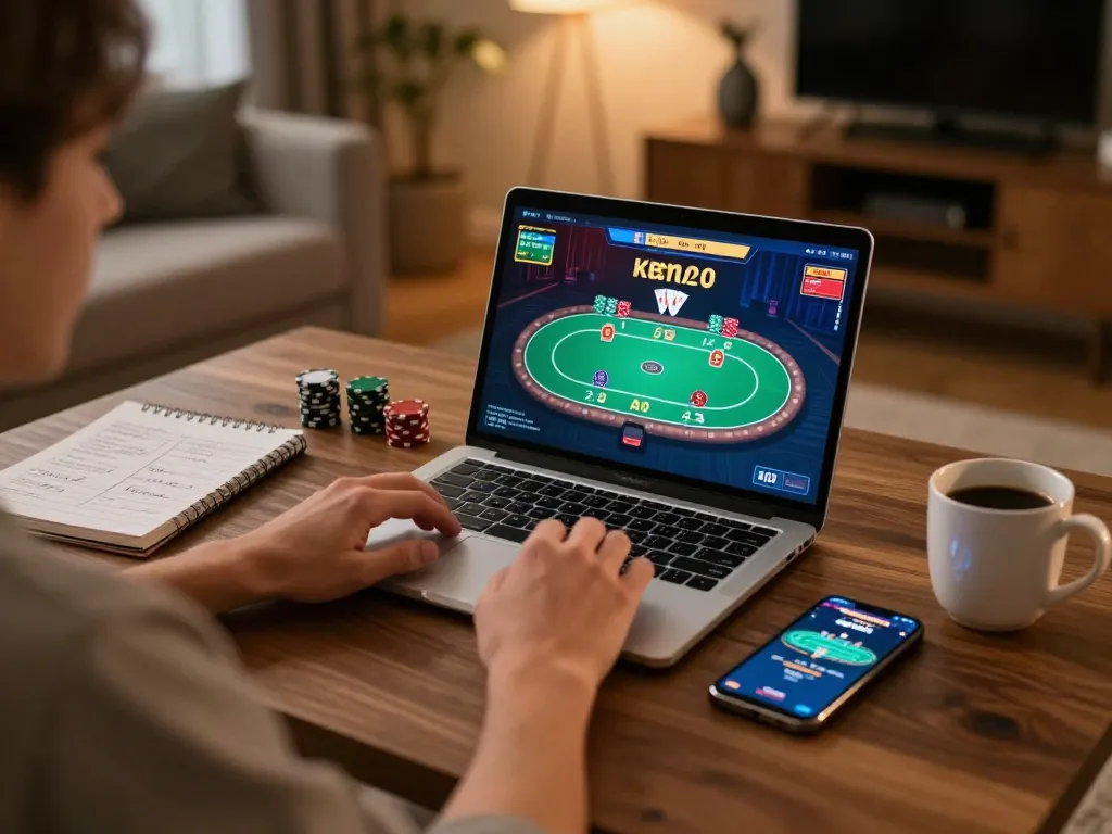 SX88 player strategizing online poker while enjoying a cozy home gaming setup