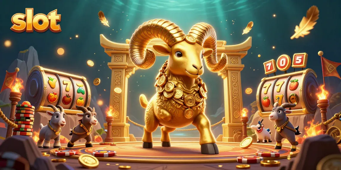 Spin slots with vibrant gold coins and dynamic golden ram in an exciting casino scene