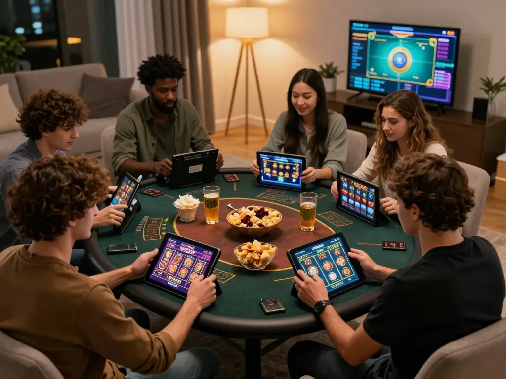 Engaging friends enjoying UGDEWA online slot games during a cozy gaming night