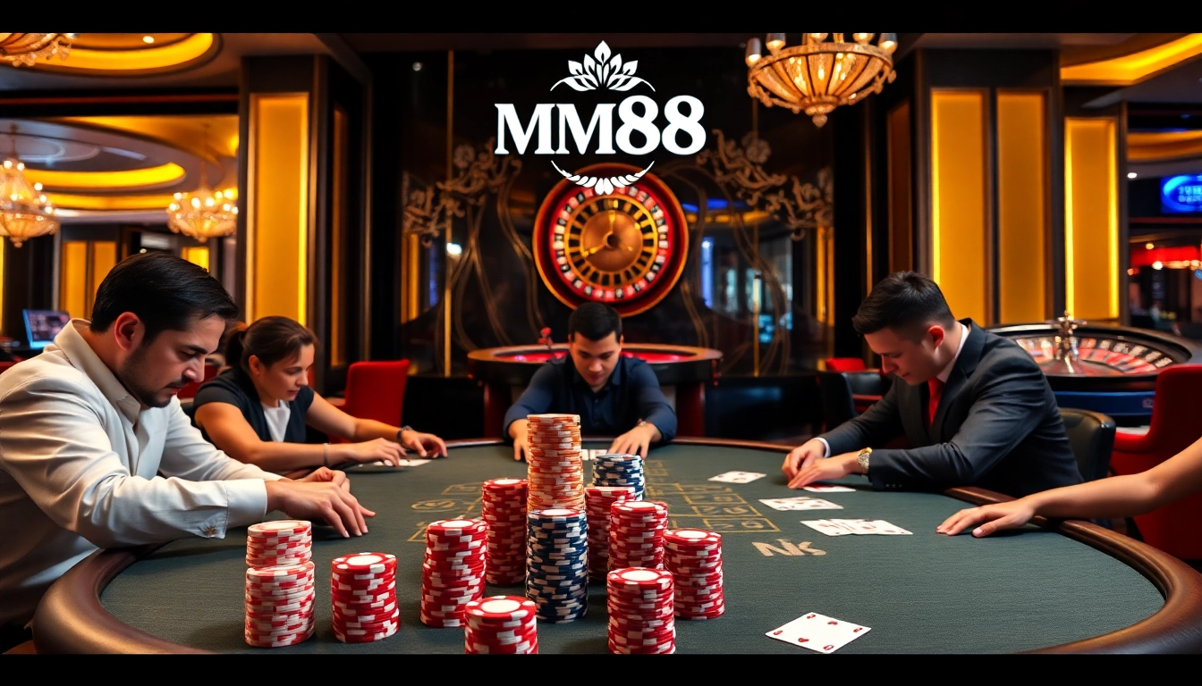 Experience the thrill of gambling at MM88's luxurious poker table with vibrant chips and cards.