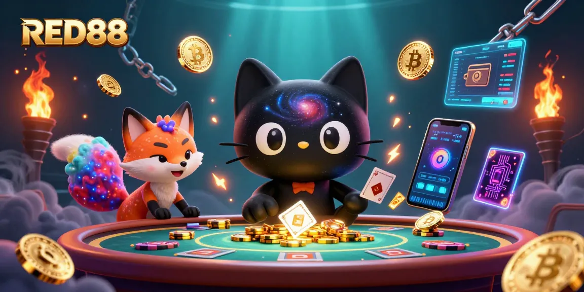 Engage with RED88's vibrant cosmic casino, featuring a black hole cat and nebula fox.