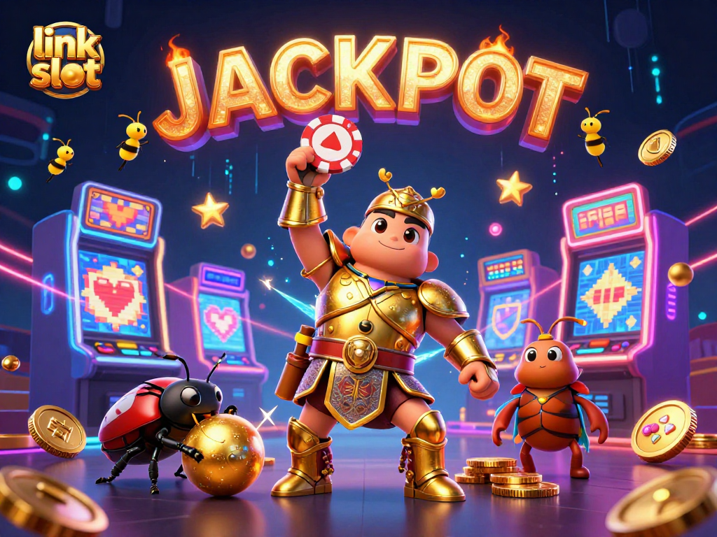 Win big with link slot in a vibrant 3D casino scene featuring animated characters and slot machines.