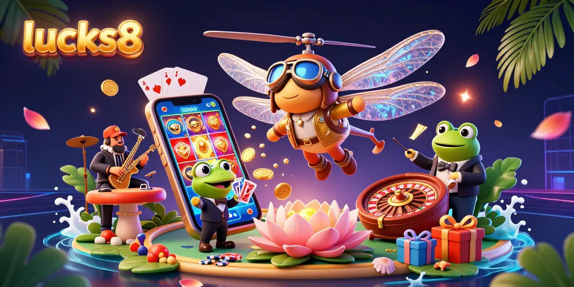 Experience entertainment at lucks8 with a lively 3D casino scene featuring vibrant characters and dynamic gaming elements.