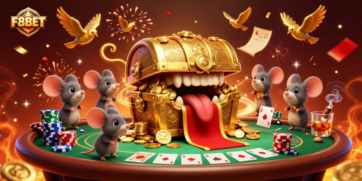 Experience thrilling poker action with F8BET's golden treasure chest and vibrant game elements.