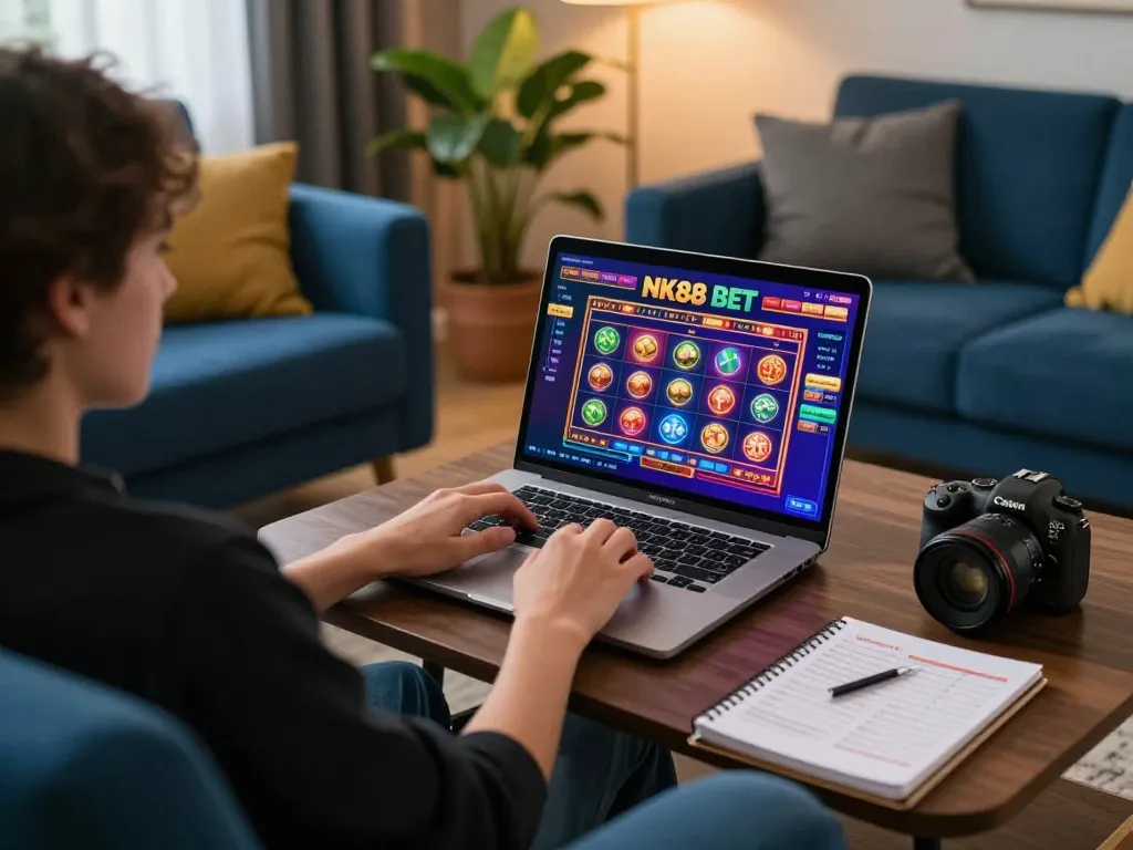 Engaging in NK88 BET online gaming, player at home using a laptop with vibrant casino interface.