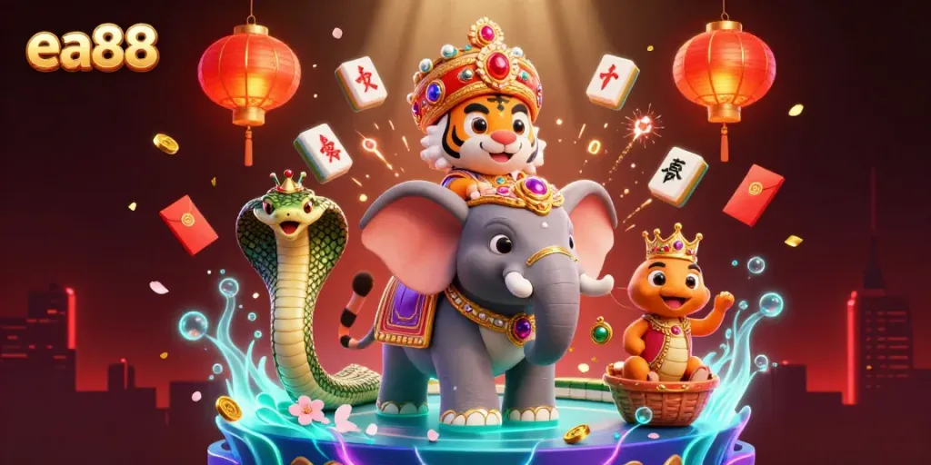 Experience thrilling gameplay at ea88 featuring a vibrant casino scene with a majestic maharaja tiger, elephant, and treasures.