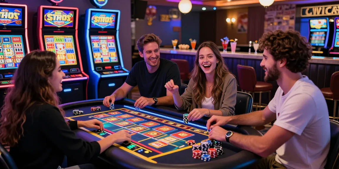 Casino gaming scene with players enjoying toto slot machines amidst colorful lights and vibrant atmosphere.