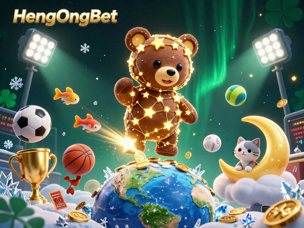 HengOngBet showcases a vibrant casino scene with dynamic sports action and a constellation bear.