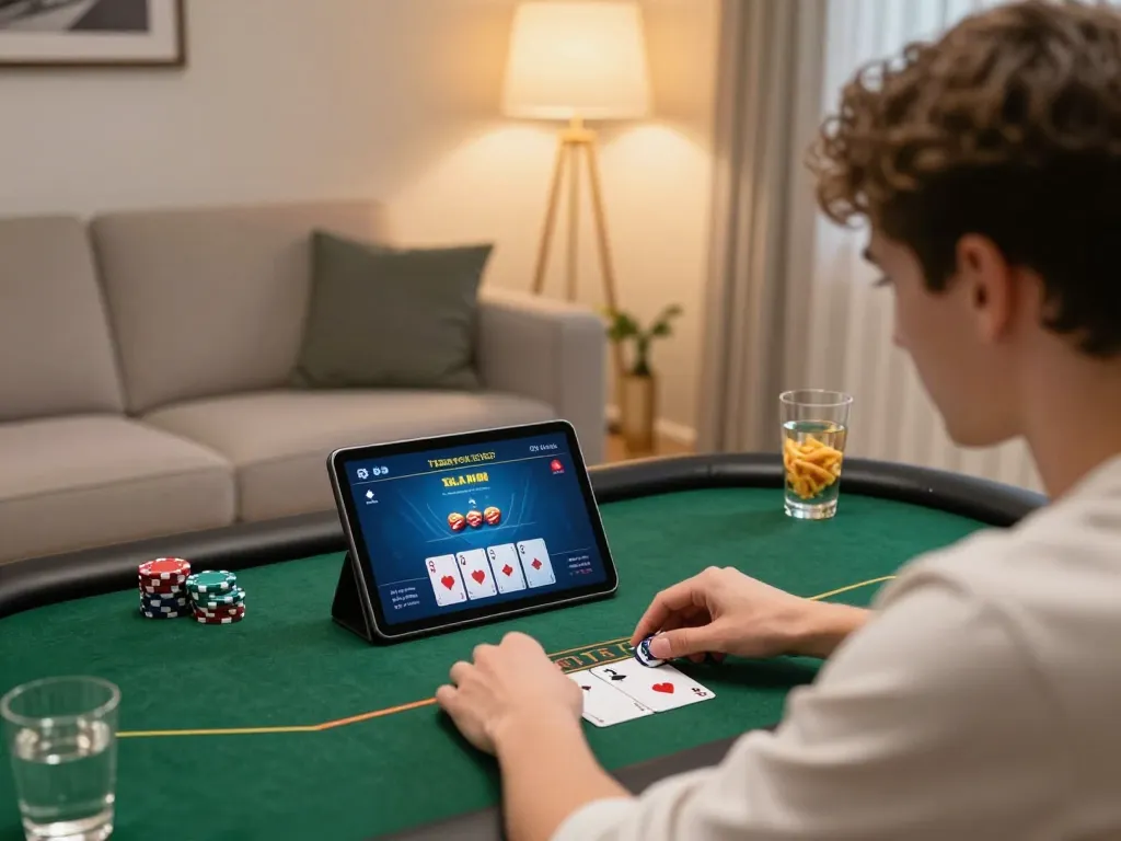 Player enjoying tr88 poker game on tablet in cozy living room setting
