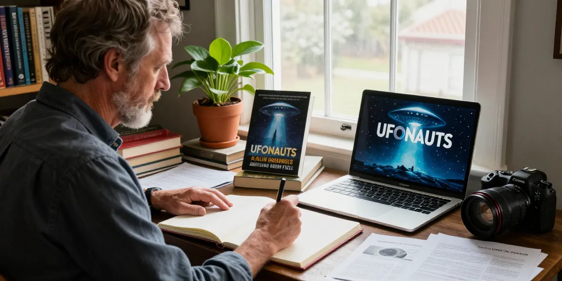 A cozy workspace showcasing T Allen Greenfield's literary journey at https://tallengreenfield.com, with books and creative elements highlighting UFO and spirituality.