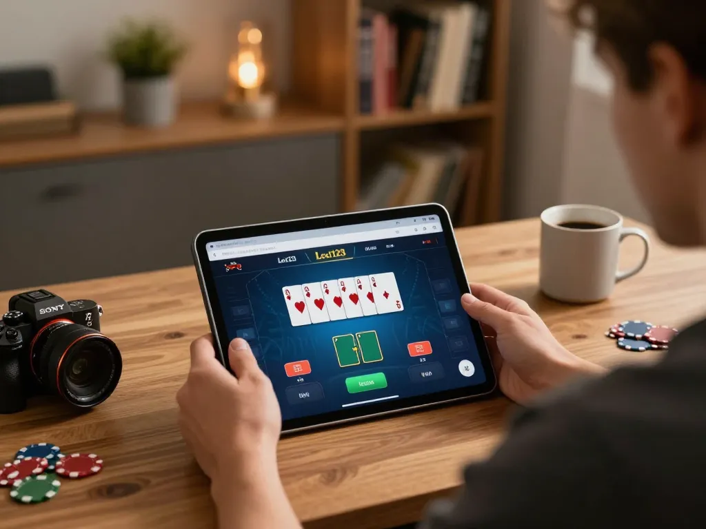 Penggambaran menarik seorang pemain menggunakan situs Leci123 di tablet untuk poker online di kantor rumah yang nyaman.