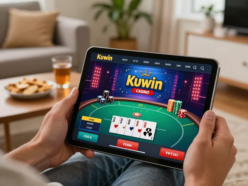 Kuwin online gaming with a player enjoying poker on tablet in a cozy setting.