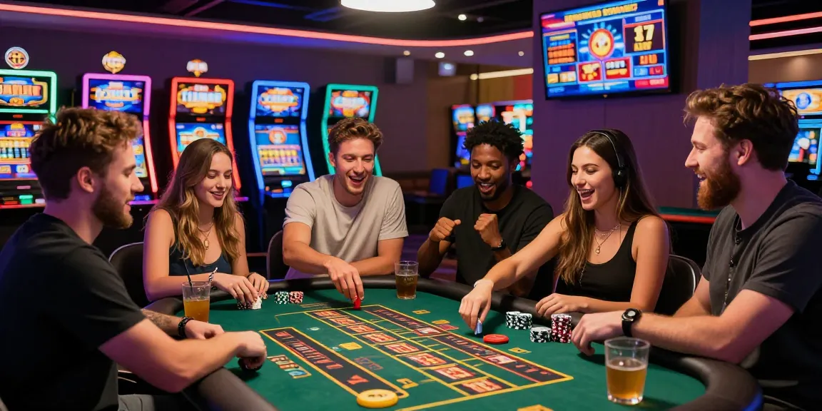 Pajaktoto resmi gaming scene with friends enjoying casino games, vibrant atmosphere.