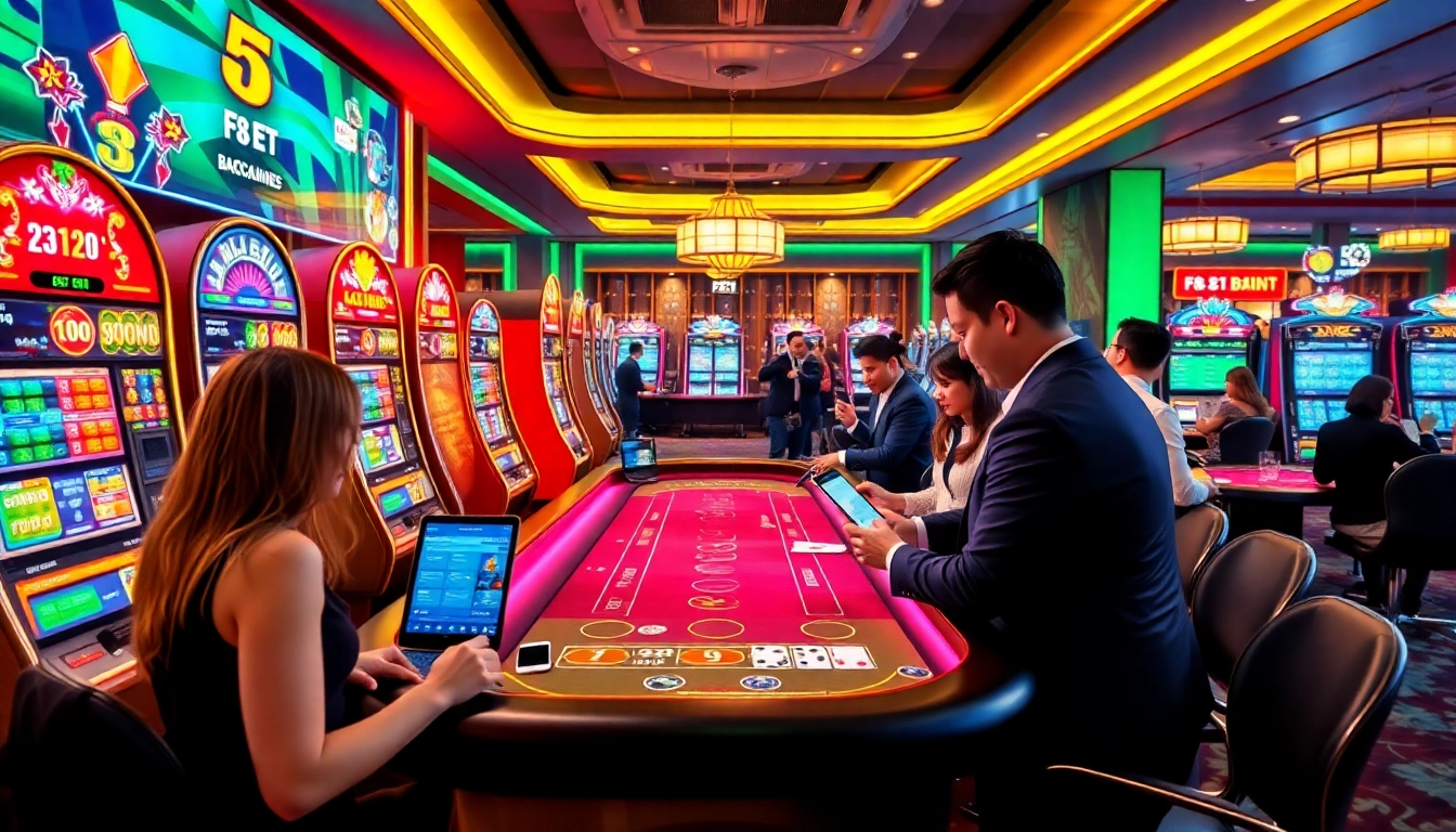 Exciting gaming atmosphere at F8 BET showcasing online gambling with vibrant colors and tech-driven interfaces.