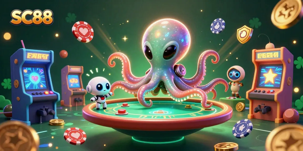 Experience thrilling gameplay with SC88 in a vibrant 3D casino scene featuring an alien octopus and poker elements.