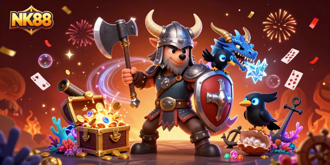 Experience thrilling wins at NK88 while enjoying vibrant cartoon characters and rich casino elements.