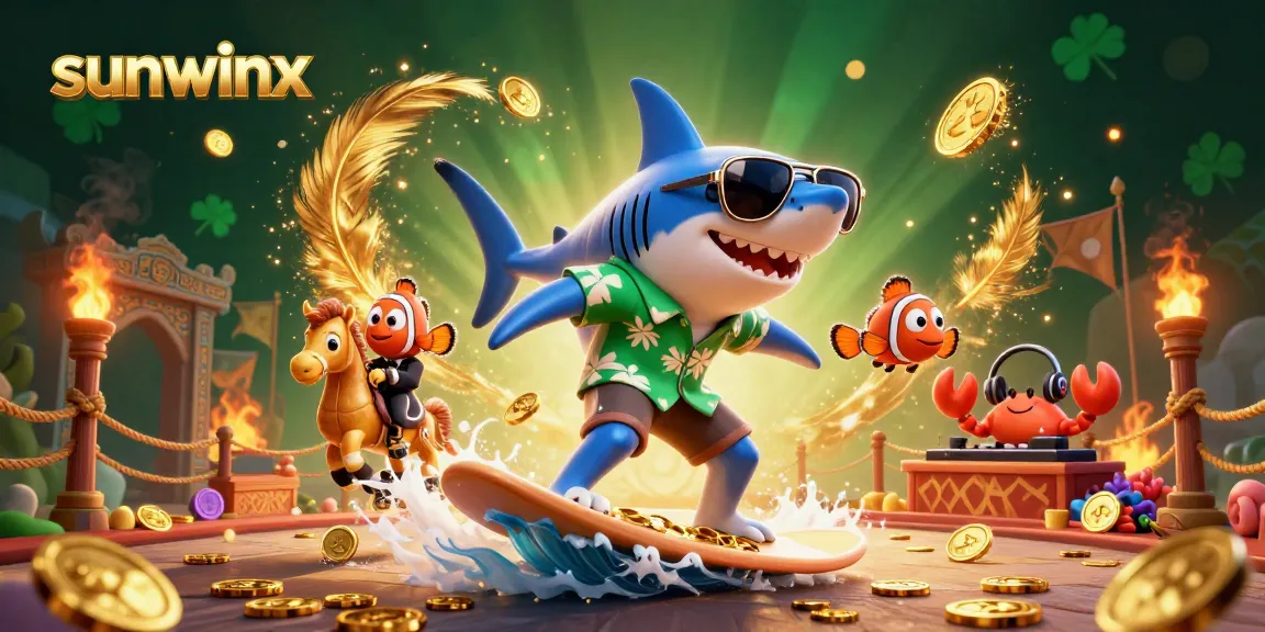 Engage with exciting gameplay at sunwinx, showcasing cartoon characters amidst gold coins and casino elements.