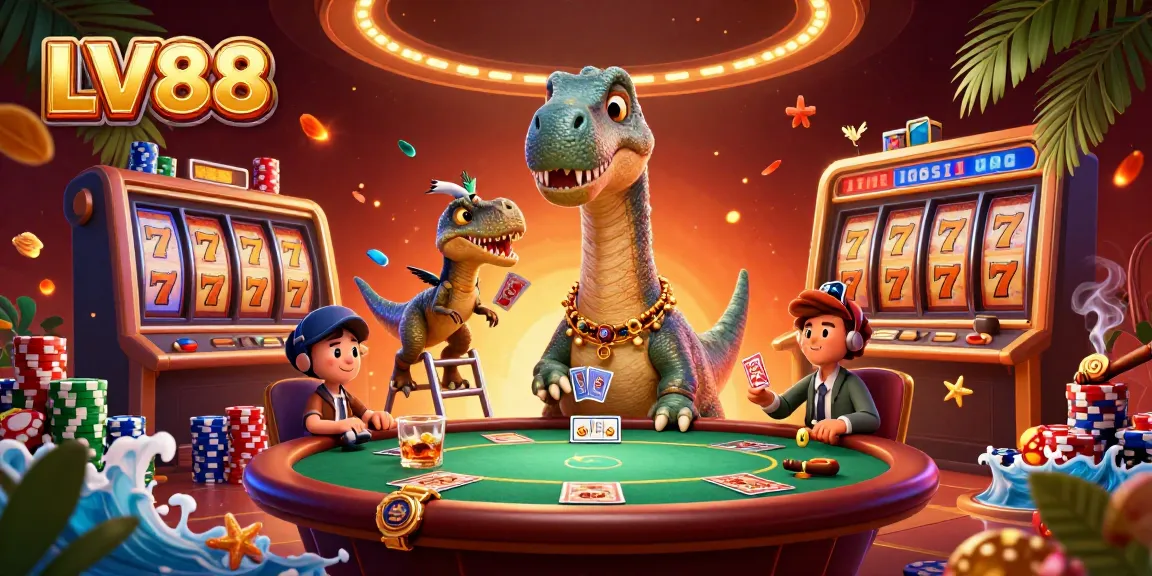 Experience LV88's fun with a massive brontosaurus overlooking a lively casino poker scene.