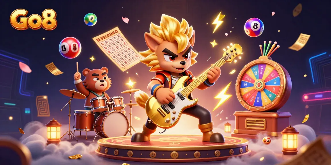 Engage in thrilling Go8 casino experiences with an electrifying 3D illustration featuring rock star characters.