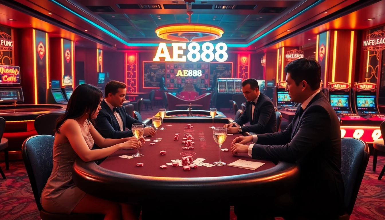 Engage in thrilling games at AE888's casino table with vibrant poker competition.