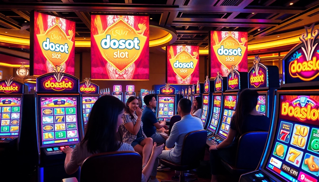 Excited players enjoying the doaslot slot machines in a vibrant casino atmosphere.