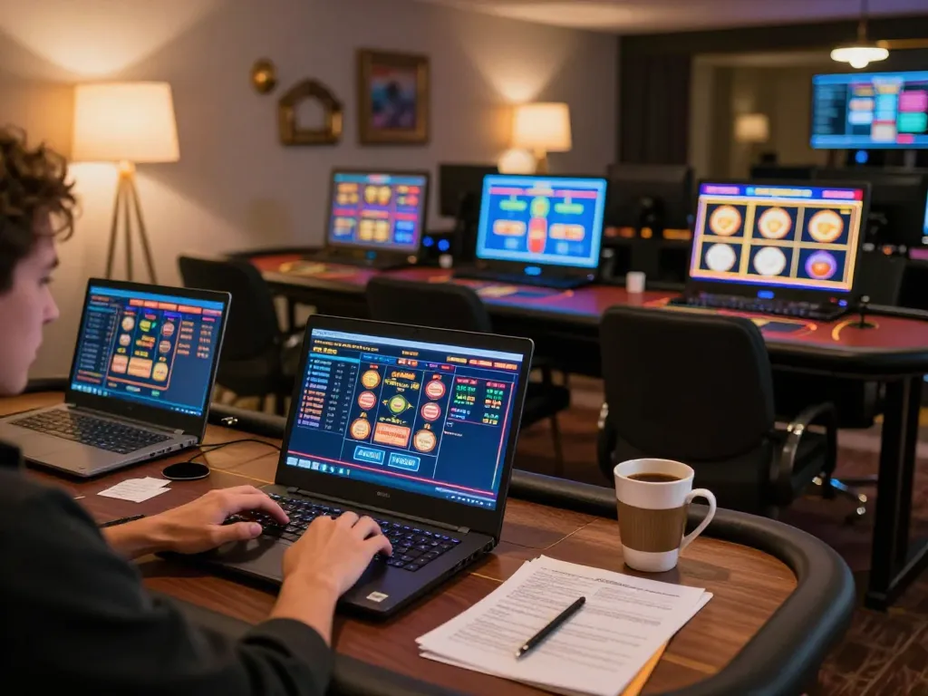 Player enjoying lc88 online casino gaming at home with vibrant game interfaces and strategy notes