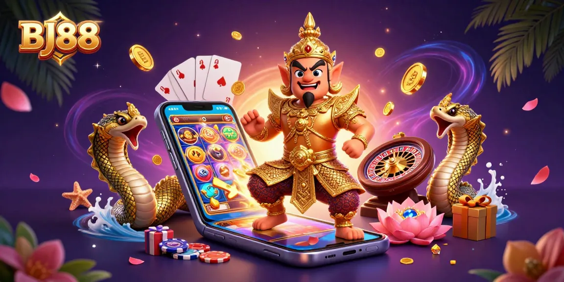 Experience exciting gaming at BJ88 with vibrant slot games and animated casino elements.