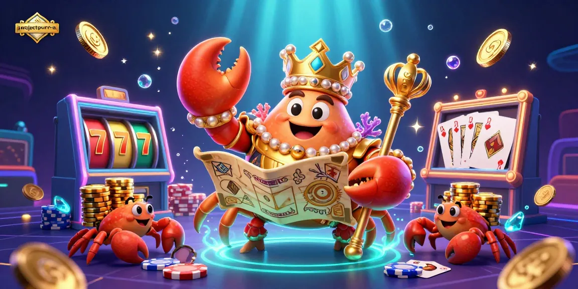 Spin the reels with projectpurr-al in this vibrant casino scene featuring a golden crab emperor.