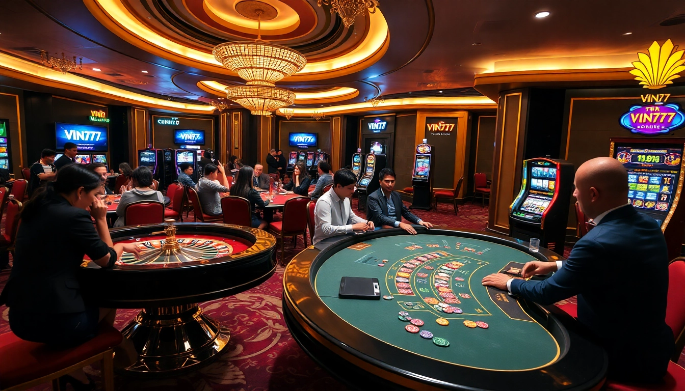 Action-packed casino scene featuring Vin777 branding with players at poker and roulette tables.