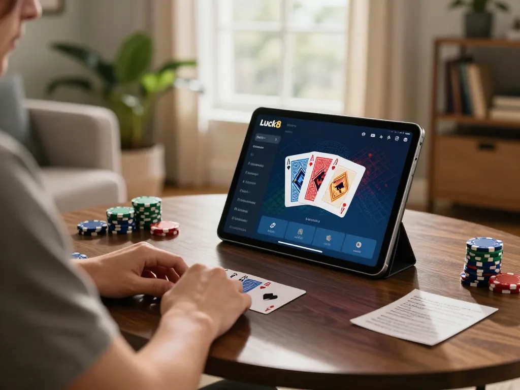 Playing poker on Luck8 app in a cozy home setting with strategic notes