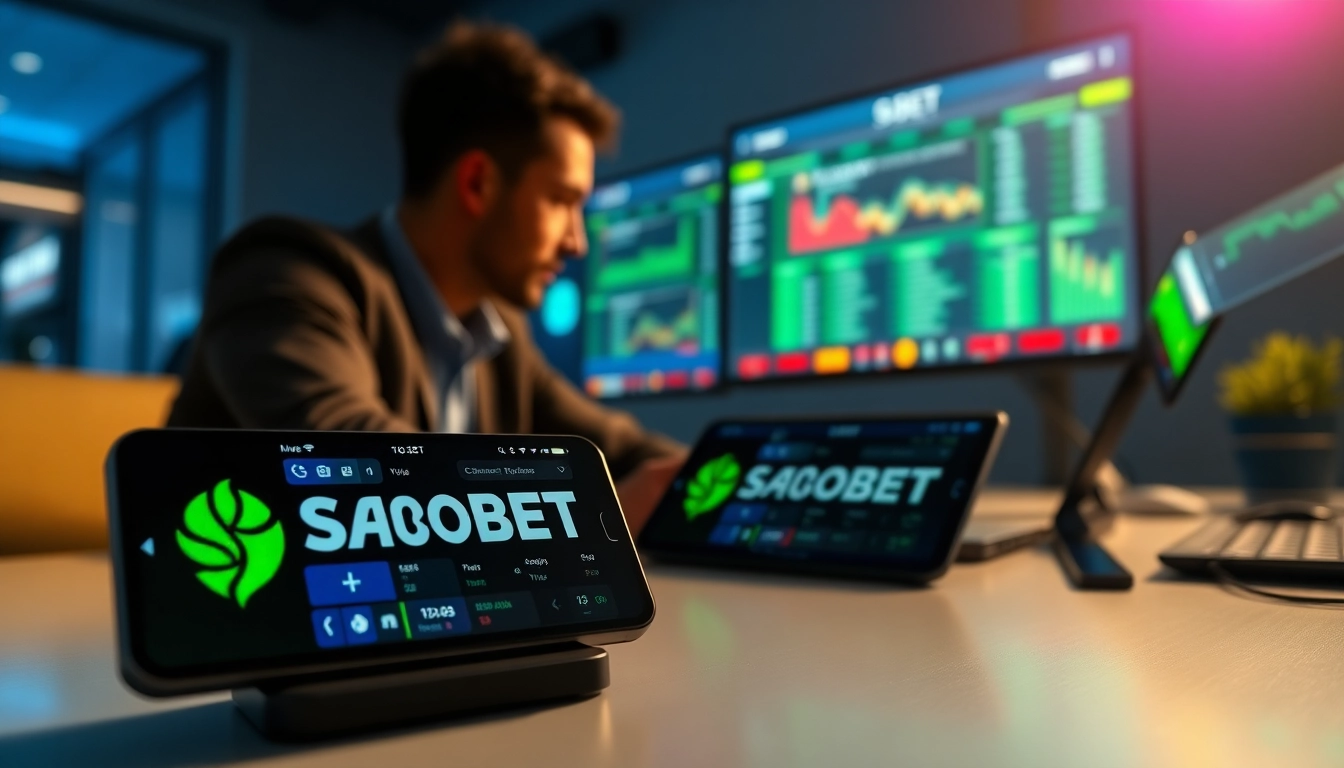 Taruhan SBOBET dengan logo terlihat jelas dalam suasana yang profesional dan dinamis.