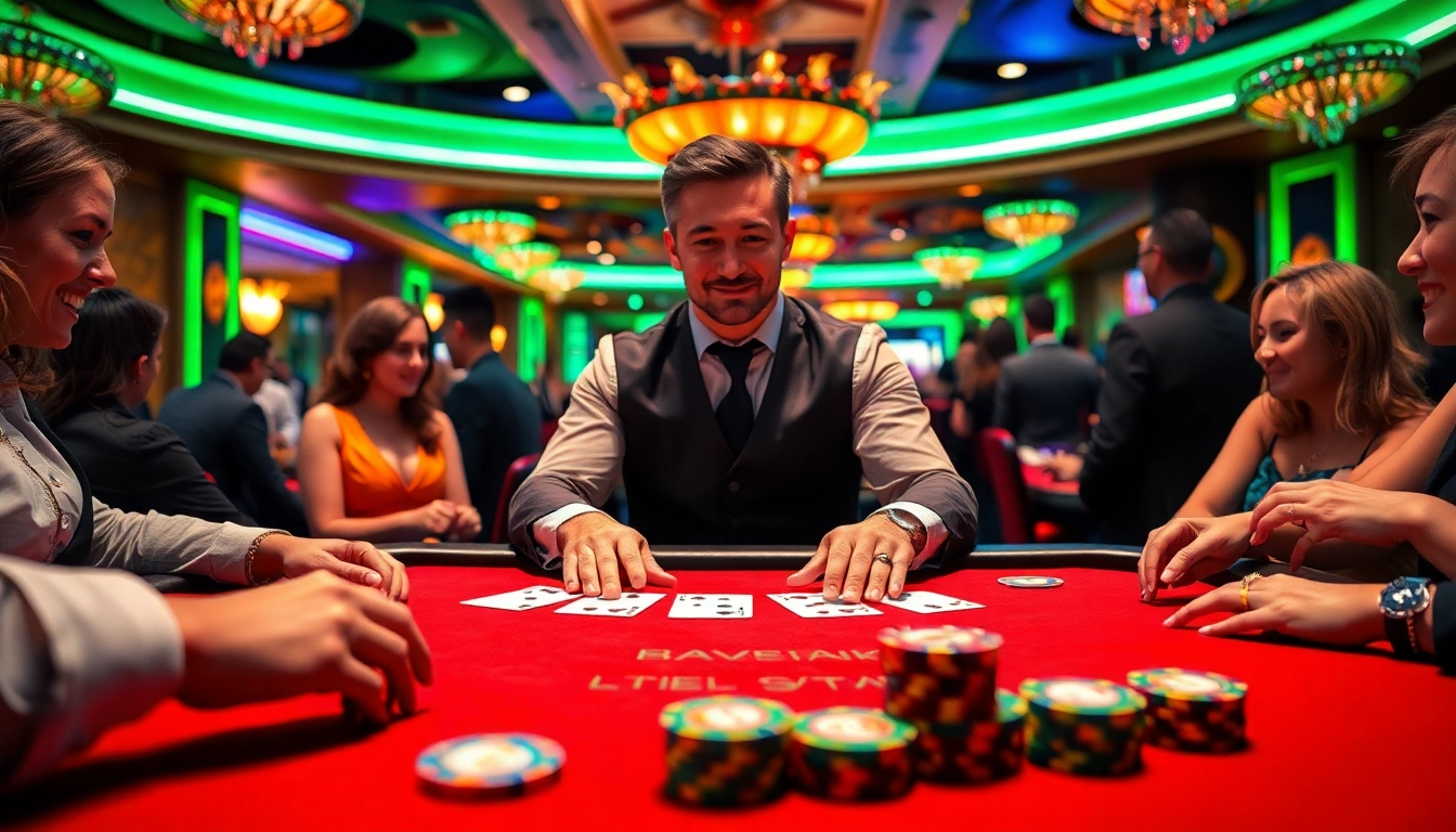 Experience the thrill of a Blackjack Casino with a professional dealer amidst vibrant casino excitement.