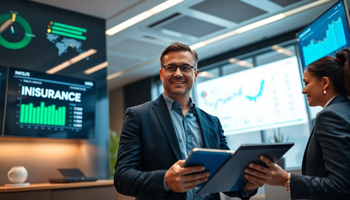 Conseiller financier moderne discutant des plans d’assurance avec ses clients dans un bureau numérique élégant, mettant l’accent sur la confiance et l’innovation en 2025