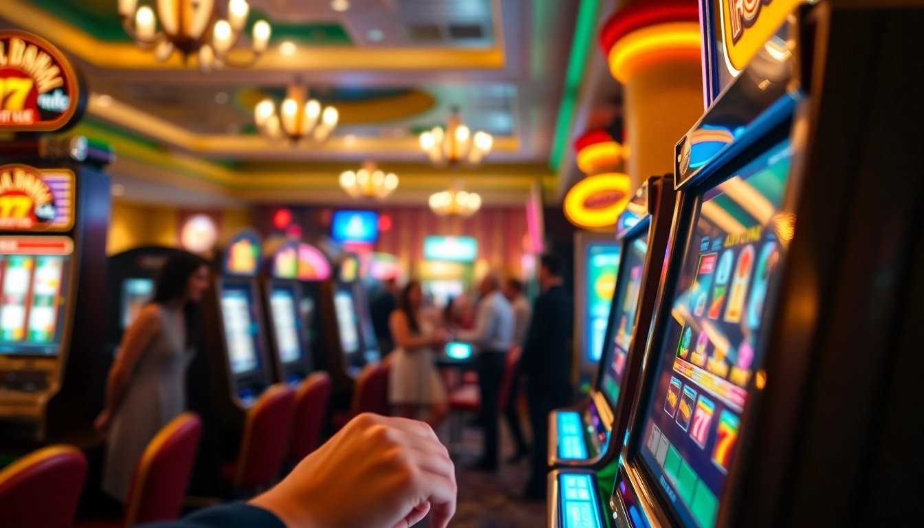 Slot Game menarik dengan pemain bersemangat di mesin slot di kasino yang meriah.