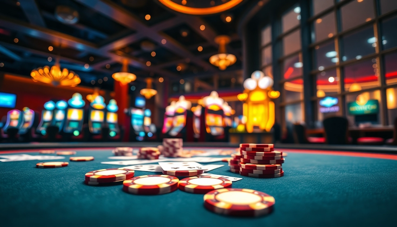 Engaging action at a Casino gaming table with vibrant poker chips and illuminated atmosphere.