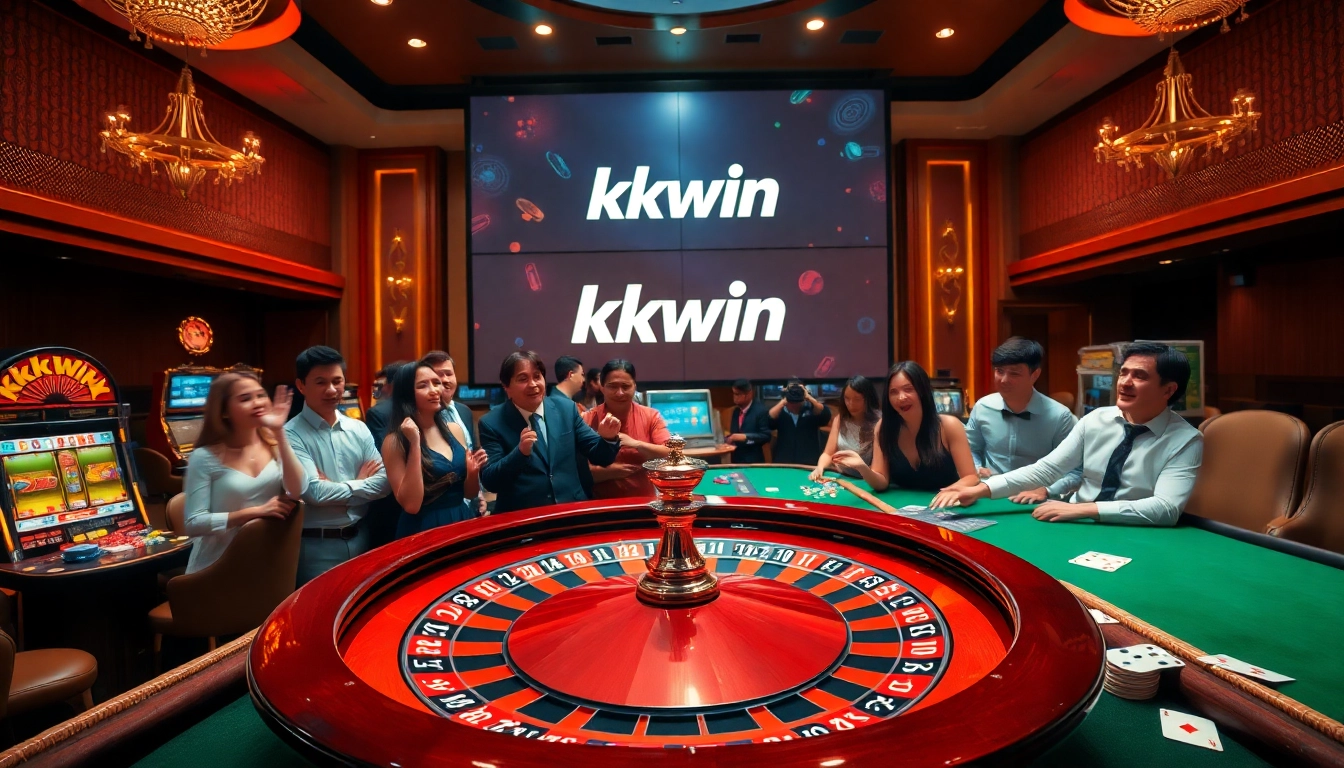 Exciting casino scene at KKWIN featuring roulette, poker chips, and players.